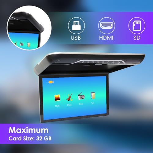 Kunfine Car 19 Inch Overhead Monitor Screen Display LED Vehicle Flip Down Roof Mount Console HDMI TV Player Control Panel NO DVD(Beige)