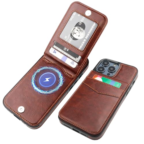 Image of KIHUWEY for iPhone 13 Pro Case Wallet Compatible with MagSafe Wireless Charging, Credit Card Holder, RFID Flip Leather Magnetic Clasp Kickstand Heavy Duty Protective Cover 6.1 Inch (Brown)