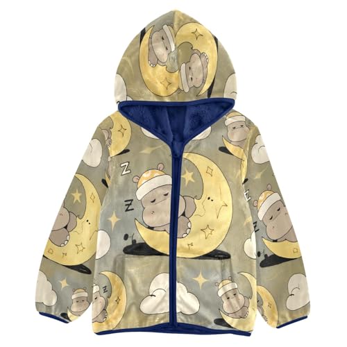 Cute Bear Sleeping on Moon Toddler Fleece Jacket Girl Boys Hooded Fleece Jacket Coat Warm Outwear Zip-up 3-10T