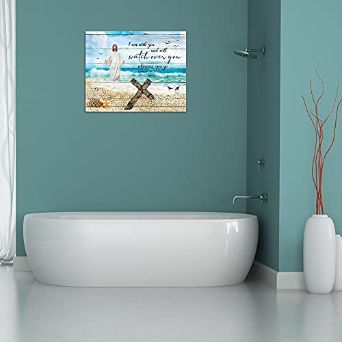 Christian Inspirational Decor Wall Art Jesus And Cross On Beach Picture Motivational Scripture Bible Verse Canvas Prints Teal And Blue Framed Artwork For Living Room Bedroom Bathroom Large 16"X12" #TOP6