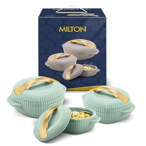 Image of MILTON Oyster Reg. Gift Set PU Insulated Casserole, Set of 3 (860 ml, 1275 ml, 1910 ml), Light Green, BPA Free, Food Grade, Hot and Cold, Easy to Carry, Easy to Store, Chapati, Roti, Curd Maker