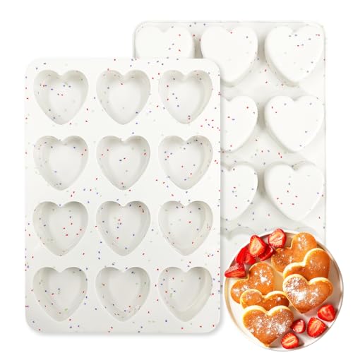 Holyenten 2 Inch Small Heart Shaped Silicone Molds 12-Cup Cavity Baking Pan for Valentines Day Muffins Cupcakes Chocolate Tartlets Egg Bites 2 Pack