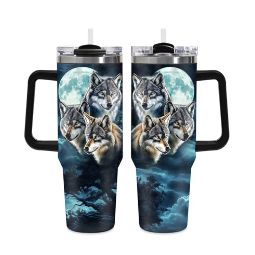 Jekeno 40oz Wolves Tumbler with Straw, Moonlight Wolf Family Stainless Steel Vacuum Insulated Travel Coffee Mug with Handle, Wolf Theme Cup Gifts for Men Dad Husband Fathers Day Birthday Christmas by Jekeno - Used condition - US$25.56