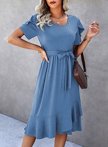 Dokotoo Womens 2023 Summer Dresses Casual Wrap Crew Neck Cap Sleeve Belted A-Line Ruffle Hem Formal Midi Dress Sky Blue Small #TOP2