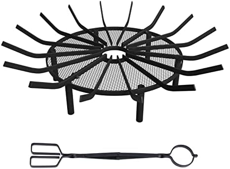 Obqer Fire Grate, Log Fire Pit Grate, 24'' Round Fire Pit Grate with Firewood Tongs, Burning Rack Holder 6 Legs Firewood Grates, Heavy Duty Fireplace Grates with Mesh for Fireplace Stove & Courtyard.