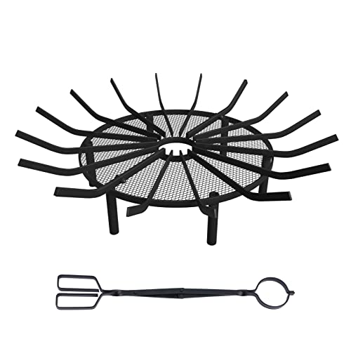 Obqer Fire Grate, Log Fire Pit Grate, 24'' Round Fire Pit Grate With Firewood Tongs, Burning Rack Holder 6 Legs Firewood Grates, Heavy Duty Fireplace Grates With Mesh For Fireplace Stove & Courtyard. #TOP2