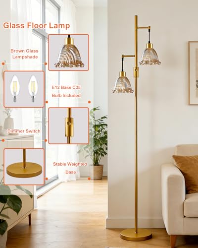 Image of Lightdot 2- Light Gold Flower Floor Lamp for Living Room, 65IN Dimmable Floor Lamps with Amber Glass Shade& Warm White Bulbs, Modern Standing Tall Lamp with 5Lbs Heavy Base for Bedroom Home Office