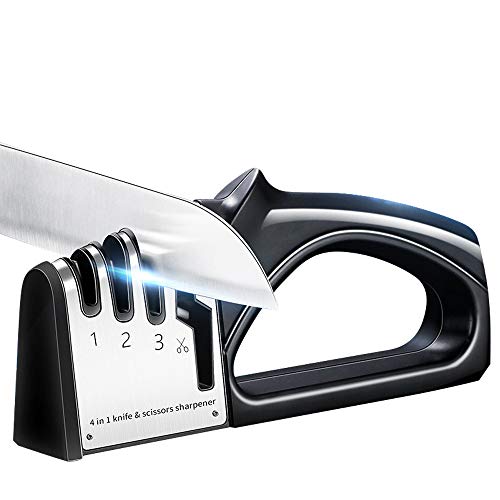 Kitchen Knife Sharpener, Professional 4 Stage Manual Sharpening Tool Works for Ceramic and Steel Knives, Scissors, Non-slip Base Design, Easy and Safe to Use