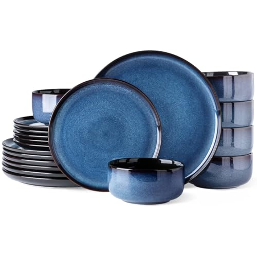 LeRatio Ceramic Dinnerware Sets for 6,Porcelain Plates and Bowls Sets,Handmade Reactive Glaze Dishes Set,Chip Resistant and Scratch Resistant | Oven&Dishwasher & Microwave Safe-Blue(18PCS)