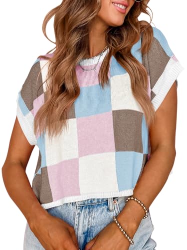 Image of Saodimallsu Womens Cap Sleeve Crop Tops Summer Color Block Going Out Crew Neck Knit Trendy Casual Sweater