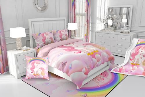 Image of Erosebridal Unicorn Girls Bedding Set - Queen Size Cute Rainbow Comforter Set Kids Cartoon Kawaii Cute Duvet Set Pink Unicorn Quilt Stars Fantasy Girls Room Decor Teens Children Reversible