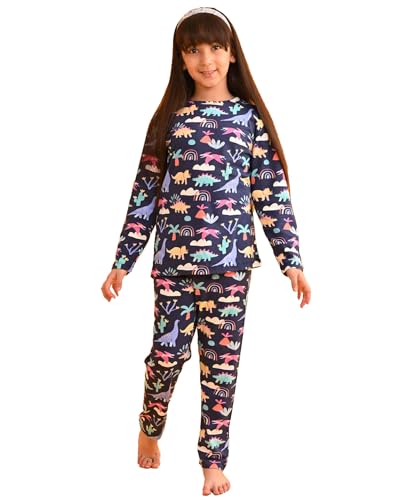 Image of ANTHRILO Pure Cotton Printed Pyjama Set for Girls | Regular Wear | Dinosaur Rainbow Long Sleeves Girls Pyjama Set - Blue 12-14 Years