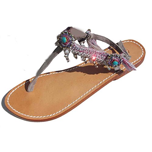 AmbreBabzoeアンブレバブゾー　革底サンダル、ターコイーズ、ダイヤストーン飾り49BRENDA (EU 36（23cm）) [ウェア&シューズ]