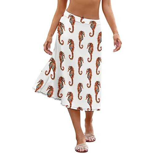 Watercolor Seahorse Women's Midi Length Skirt High Waist Swing A-line Skirts Beach Summer Skirt S