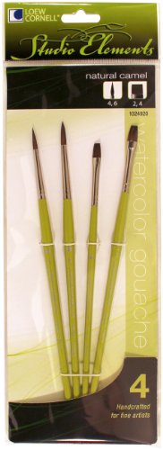 Loew-Cornell 1024920 Studio Elements Short Handle Camel Round/Shader Brush Set, 4-Piece
