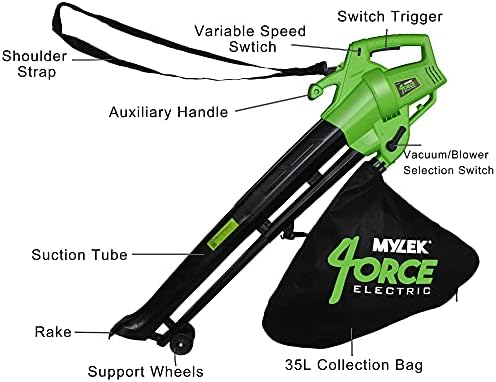 Mylek Leaf Blower And Vacuum - 3000W Garden Shredder Mulcher And Rake , 6 Variable Speeds, 10m Power Cable, UK PLug, 2 x 35L Large Collection Bags, 10:1 Mulching Shredding Ratio, Lightweight