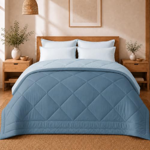 Image of King Size Comforter for Double Bed, 220 GSM Soft Microfiber AC Blanket, All Season Lightweight Reversible Bed Quilt, Premium Bedding, 90 x 100 Inch, Blue-Light Blue