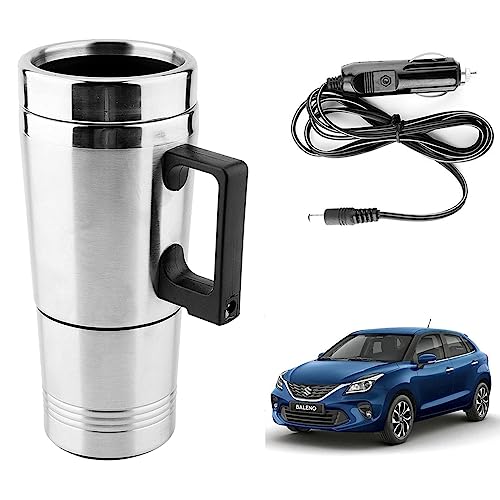 Image of Oshotto 12V Stainless Steel Car Heating Kettle /Mug, Travel Friendly electric Tea /Coffee maker Compatible with Maruti Suzuki Baleno 2026 (300ml) - Silver