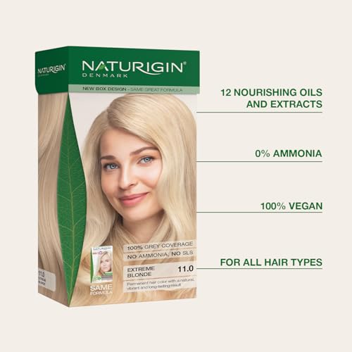 Image of Naturigin Permanent Hair Color, 11.0 Extreme Blonde, Ammonia Free, 100% Gray Coverage, Nourishing Natural Formula, For All Hair Types, Long-Lasting, Vegan & Cruelty-Free, 1 Pack