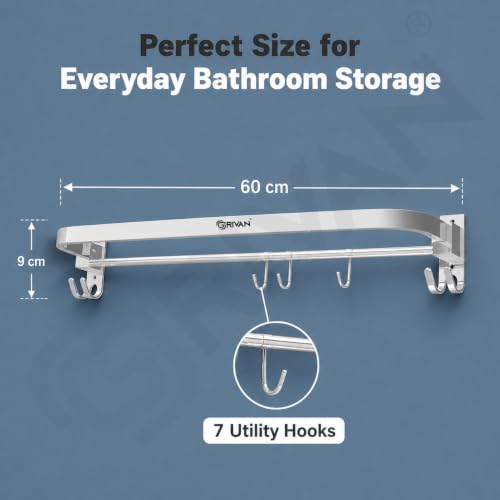 Image of GRIVAN Stainless Steel Towel Rod for Bathroom with Hooks | Foldable Towel Holder Stand with Drill Mount (2, Silver, 24 INCH)
