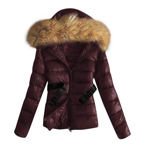 XUNRYAN Teen Girls Winter Warm Down Coat Cropped Puffer Jackets Faux-Fur Hooded Anorak Parka Thicken Ski Jackets Belted