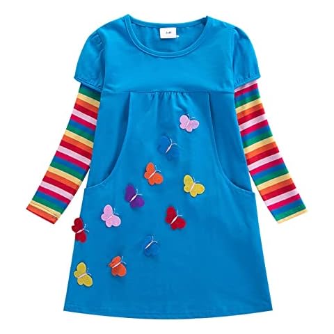 Spring Autumn Children's Girl's Clothing Long Sleeve Butterfly Embroidery Rainbow Two Pocket Dress,Party Clothes Casual Outfit, for Birthdays,for 3-8 Years Old Girl Princess Dress Cover