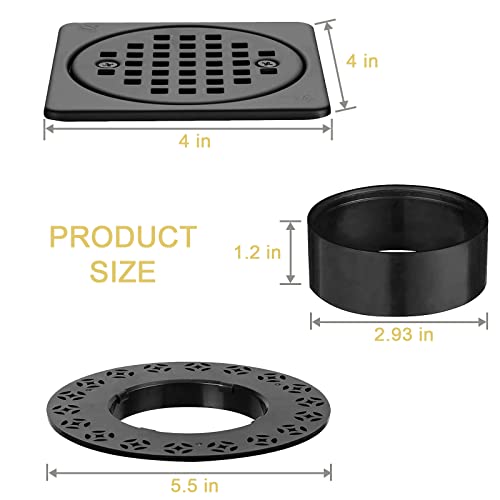 Yaseingoo 4” Drain Grate Kit Replacement - Shower Floor Drain Kit With Adjustable Collar - Removable Square Drain Set - Sus 304 Stainless Steel Grate - Compatible With Kerdi-Drain Flange - Matte Black #TOP4