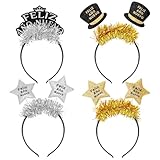 DPKOW 4pcs Español Diademas feliz Año Nuevo Cotillon Nochevieja 2026 Brillantes en Negro Oro Plata, Diademas Nochevieja Bandas para el Cabello 2026 Accesorios para Fotomatón de Fiestas de Fin de Año