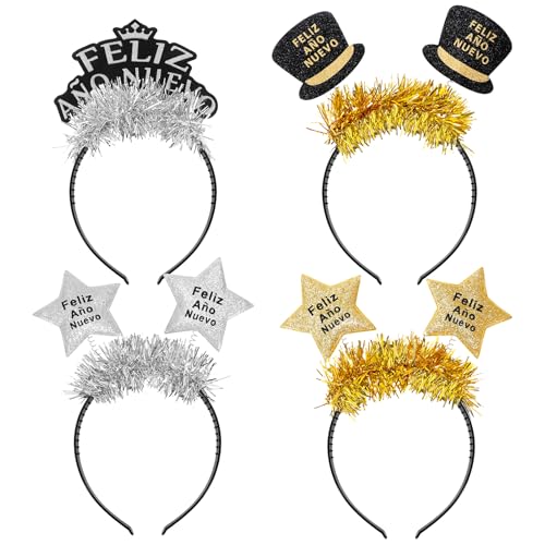 DPKOW 4 peças espanhol diadema feliz ano novo algodão de ano novo 2026 brilhantes em preto ouro prata, faixas de ano novo e faixa de cabelo 2026 acessórios para cabine de festa de fim de ano