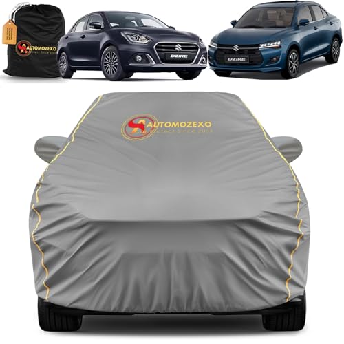 Image of Maruti Dzire 2008 to 2026 100% Waterproof Car Body Cover with Mirror and Antenna Pockets Strong Fabric, Strap Stitch Style All Weather Protection, Bottom Elastic Buckle Strap Secure fit in Wind-Grey