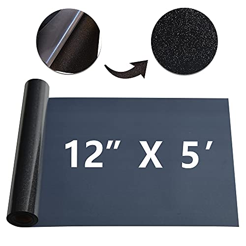 Image of RENLITONG Black Glitter HTV Heat Transfer Vinyl Rolls - 12 Inch x 5 feet Iron on Vinyl for T-Shirt and Silhouette, Easy to Cut & Weed for Heat Transfer Design (Glitter Black)
