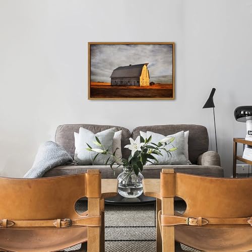 Image of Farmhouse Old Barn Canvas Wall Art Vintage Western Barn Pictures Wall Decor Rustic Country Landscape Canvas Pictures Golden Sunset Farm Rural Artwork for Living Room Office Home Decorations 24x36 inch