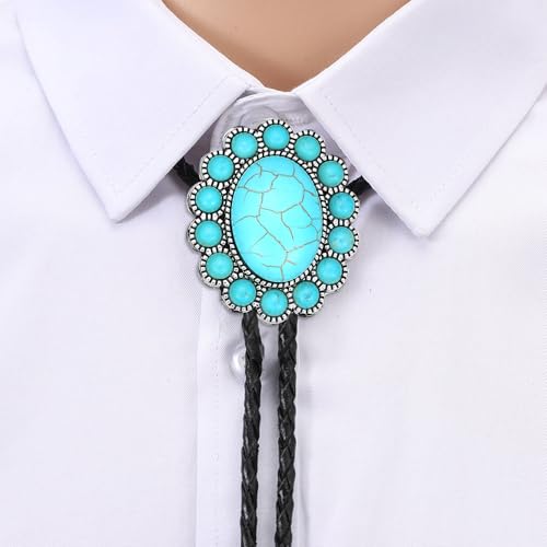 Image of AZORA Western Cowboy Bolo Tie Men Leather Necktie Leather Cord Turquoise Stone Bolo Ties for Men Women
