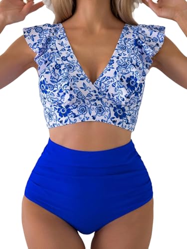 Women Ruffle High Waisted Swimsuit Two Piece Tropical Print Swimsuit Push Up Bathing Suit