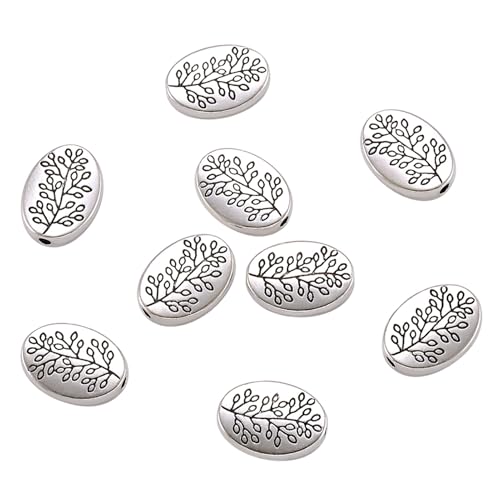 FASHEWELRY 50Pcs Antique Silver Oval With Leaf Spacer Beads 14x10mm