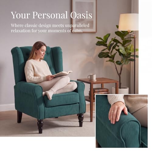 Image of Tufted Wingback Accent Manual Single Lounge Recliner Chair, Green | Tufted Wingback Accent Chair, Upholstered Single Lounge Chair with Solid Wood Legs