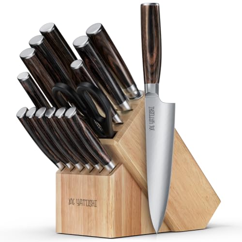 Image of Yatoshi 15 Piece Knife Block Set - Pro Kitchen Knife Set Ultra Sharp High Carbon Stainless Steel with Ergonomic Handle