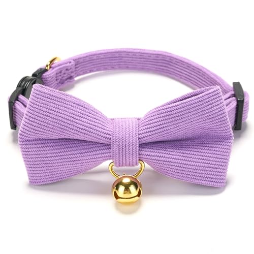YUDOTE Collare ultra morbido in velluto a coste di cotone naturale realizzato per gatti con pelle sensibile, collare leggero per gattini con fibbia a sgancio rapido e papillon rimovibile, viola,