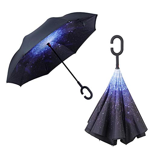ckground Paraguas Plegable, Paraguas de Doble Capa invertido Protección UV a Prueba de Viento Plegable para el Coche al Aire Libre, manija en Forma de C