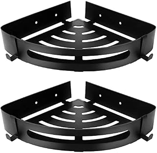 Bathroom Shower Corner Shelves, SUS 304 Stainless Steel Shower Caddy No Drilling, Adhesive Shower Shelf Storage Basket Organizer Wall Mounted for Shower Kitchen, with 4 Hooks, 2 Packs, Black