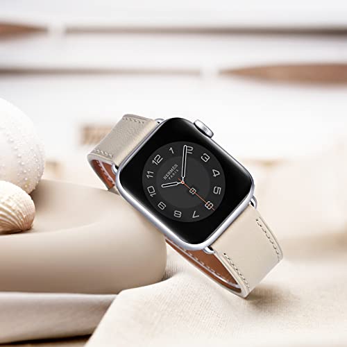 WFEAGL Compatible with Apple Watch Band 38mm 40mm 41mm Women, Top Genuine Leather Band for iWatch SE & Series 9 8 7 6 5 4 3 2 1(IvoryWhite+Silver)