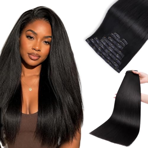 Lashey Clip in Hair Extensions Real Human Hair Yaki Straight Seamless Human Hair Clip in Extension Natural Black Hair Extensions for Women 220g 9pcs 24 Inch