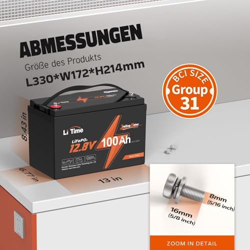Image of LiTime 12V 100Ah LiFePO4 Lithium Battery - Ideal for Trolling Motors, Motorhomes, Solar Systems and Boats | With Low Temperature Protection and 4000-15000 Cycles