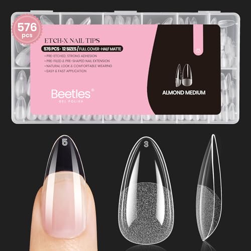 Beetles Medium Almond Nail Tips 576pcs 12 Sizes, Pre-Etched Soft Gel Nail Tips Half Matte Full Cover Press on False Nail Tips Clear Acrylic Nails Glue on Nails DIY Nail Extension Gift for Women