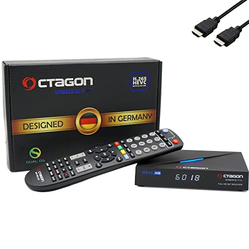 OCTAGON SFX6018 S2+IP WL H.265 HEVC 1x DVB-S2 HD E2 Linux Smart Receiver, Satelliten Receiver mit Aufnahmefunktion, Kartenleser, YouTube, Web-Radio, 150Mbit WLAN und EasyMouse HDMI-Kabel, Schwarz
