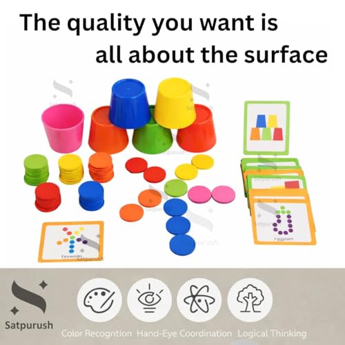 Image of Educational Color Classification Stacking Cup Game for Kids (36 Months+) | Montessori Learning Toy with 6 Stacking Cups, 60 Color Coins & 50 Double-Sided Activity Cards. (Color Match Set)