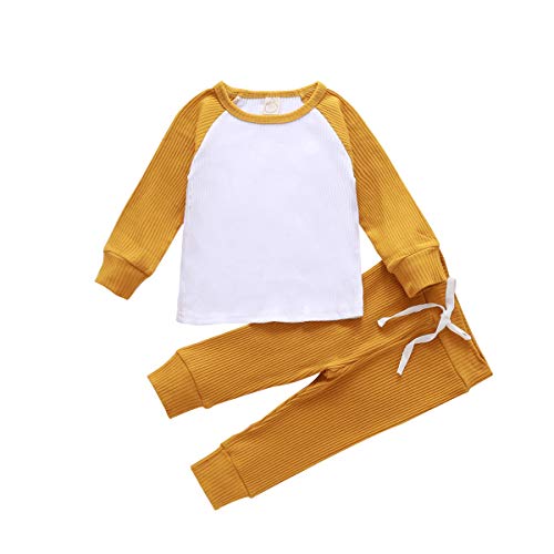 Image of Toddler Baby Girl Boy Clothes Set Ribbed Long Sleeve T-Shirt Tops+Pants Spring Outfits Unisex Clothes (A- Yellow , 6-12 Months )