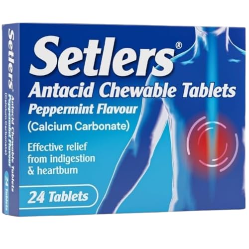 Setlers Antacid Chewable Tablets, Peppermint Flavour, 24 Pack, Contains Calcium Carbonate, Effective Relief from Indigestion and Heartburn, Tackles Acid Reflux