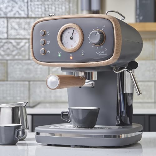 Cooks Professional 15-Bar Retro Espresso Coffee Machine with Frothing Steam Wand, Built-In Temperature Gauge, 1.2L Water Tank & Stainless Steel Drip Tray | Nordic Grey - Image 2