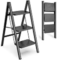 HBTower Step Ladder 3 Step Folding, Small Step Stool for Adults, Closet Step Stool Lightweight Kitchen Ladder 3 Step Ladder with Anti-Slip Wide Pedals, Black